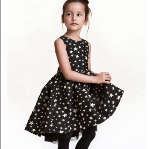 H&M Little Girl Dress Gold Star Print Black Size 4-5 - Picture 1 of 6